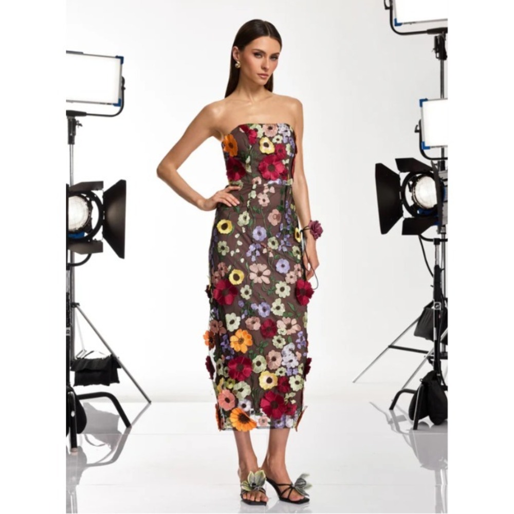 Mew Mews Saige Strapless‎ Mesh Flower Midi Dress 3D Floral Applique Black Small